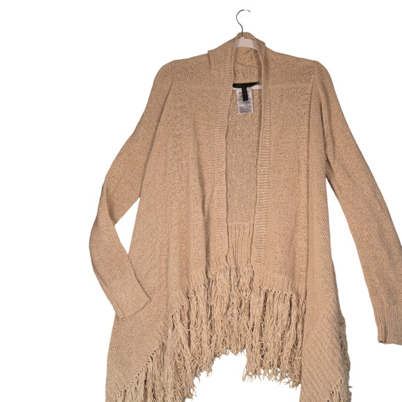 BCBGMaxAzria Cardigan Sweater Women Medium Beige Cotton Blend Fringe Waterfall - Picture 3 of 11